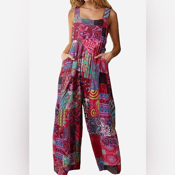 Patchwork Print Overalls Size Small Pockets Wide Leg Boho Festival Hippie - Picture 1 of 9